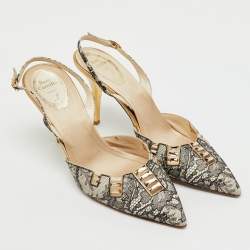 Pre Owned Rene Caovilla Black/White Leather and Lace Crystal Embellished Slingback Pumps Size 40