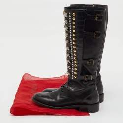 Pre Owned René Caovilla Black Croc Embossed and Leather Crystal Studded Knee Boots Size 36.5