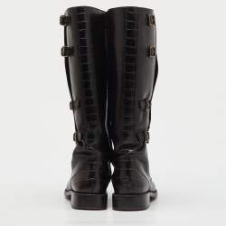Pre Owned René Caovilla Black Croc Embossed and Leather Crystal Studded Knee Boots Size 36.5