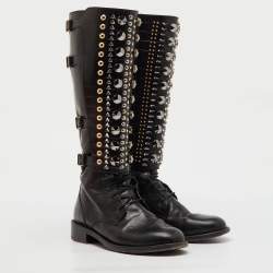 Pre Owned René Caovilla Black Croc Embossed and Leather Crystal Studded Knee Boots Size 36.5