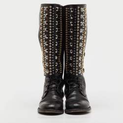 Pre Owned René Caovilla Black Croc Embossed and Leather Crystal Studded Knee Boots Size 36.5