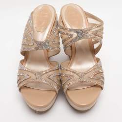 Pre Owned Rene Caovilla Beige Crystal Embellished Fabric And Mesh Platform Wedge Slides Size 37