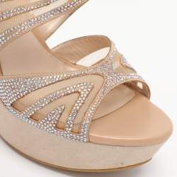Pre Owned Rene Caovilla Beige Crystal Embellished Fabric And Mesh Platform Wedge Slides Size 37