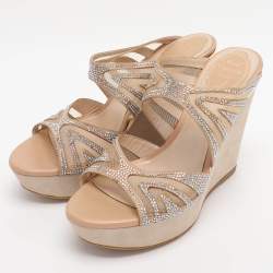 Pre Owned Rene Caovilla Beige Crystal Embellished Fabric And Mesh Platform Wedge Slides Size 37