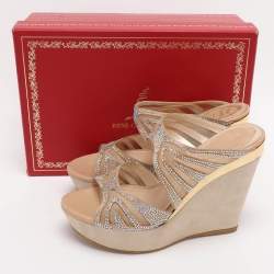 Pre Owned Rene Caovilla Beige Crystal Embellished Fabric And Mesh Platform Wedge Slides Size 37