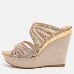 Pre Owned Rene Caovilla Beige Crystal Embellished Fabric And Mesh Platform Wedge Slides Size 37
