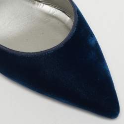 Pre Owned Rene Caovilla Navy Blue Velvet Cleo Crystal Embellished Ankle Wrap Pumps Size 38