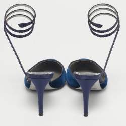 Pre Owned Rene Caovilla Navy Blue Velvet Cleo Crystal Embellished Ankle Wrap Pumps Size 38