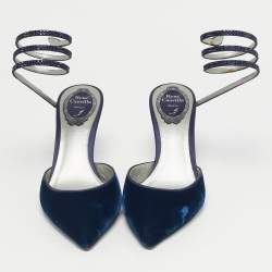 Pre Owned Rene Caovilla Navy Blue Velvet Cleo Crystal Embellished Ankle Wrap Pumps Size 38