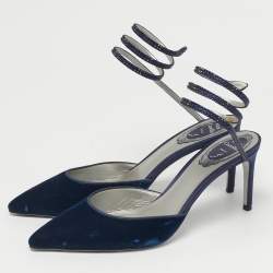 Pre Owned Rene Caovilla Navy Blue Velvet Cleo Crystal Embellished Ankle Wrap Pumps Size 38