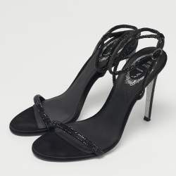 Pre Owned René Caovilla Black Satin Crystal Embellished Ankle Wrap Sandals Size 38