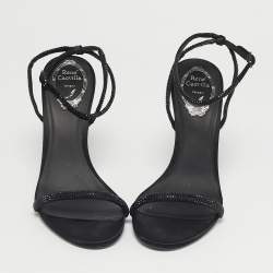 Pre Owned René Caovilla Black Satin Crystal Embellished Ankle Wrap Sandals Size 38