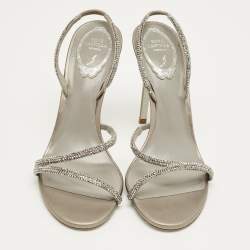 Pre Owned René Caovilla Grey Satin Crystal Embellish Slingback Sandals Size 39