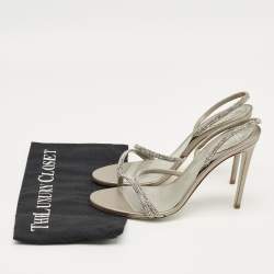 Pre Owned René Caovilla Grey Satin Crystal Embellish Slingback Sandals Size 39