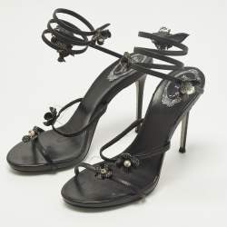 مملوكة مسبقًا René Caovilla Cleo Size 38 Black Leather and Snakeskin Embossed Leather Ankle Strap Sandals