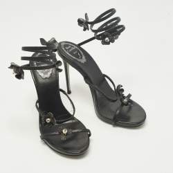 مملوكة مسبقًا René Caovilla Cleo Size 38 Black Leather and Snakeskin Embossed Leather Ankle Strap Sandals