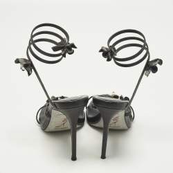 مملوكة مسبقًا René Caovilla Cleo Size 38 Black Leather and Snakeskin Embossed Leather Ankle Strap Sandals