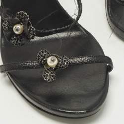 مملوكة مسبقًا René Caovilla Cleo Size 38 Black Leather and Snakeskin Embossed Leather Ankle Strap Sandals