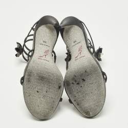 مملوكة مسبقًا René Caovilla Cleo Size 38 Black Leather and Snakeskin Embossed Leather Ankle Strap Sandals