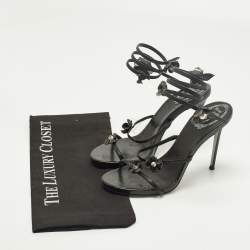 مملوكة مسبقًا René Caovilla Cleo Size 38 Black Leather and Snakeskin Embossed Leather Ankle Strap Sandals