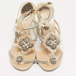 مملوكة مسبقًا حذاء فلات رينيه كوفيلا جلد ذهبي مزين بالكريستال بحزام شكل حرف T مقاس 38