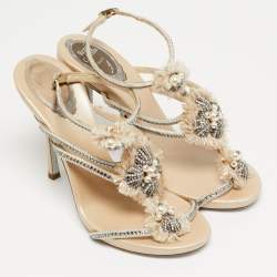 مملوكة مسبقًا حذاء فلات رينيه كوفيلا جلد ذهبي مزين بالكريستال بحزام شكل حرف T مقاس 38