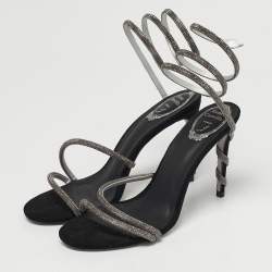 Pre Owned René Caovilla Cleo Size 40 Black Satin and Suede Crystal Embellished Ankle Strap Sandals