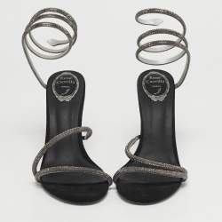 Pre Owned René Caovilla Cleo Size 40 Black Satin and Suede Crystal Embellished Ankle Strap Sandals