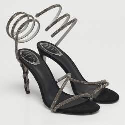 Pre Owned René Caovilla Cleo Size 40 Black Satin and Suede Crystal Embellished Ankle Strap Sandals