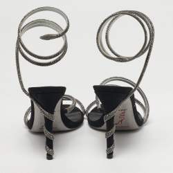 Pre Owned René Caovilla Cleo Size 40 Black Satin and Suede Crystal Embellished Ankle Strap Sandals