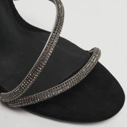 Pre Owned René Caovilla Cleo Size 40 Black Satin and Suede Crystal Embellished Ankle Strap Sandals