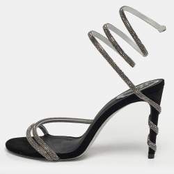 Pre Owned René Caovilla Cleo Size 40 Black Satin and Suede Crystal Embellished Ankle Strap Sandals