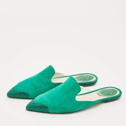 مملوكة مسبقًا René Caovilla Size 39 Green Suede Crystal Embellished Flat Mules