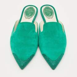 مملوكة مسبقًا René Caovilla Size 39 Green Suede Crystal Embellished Flat Mules