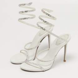 مملوكة مسبقًا René Caovilla Cleo Crystal Embellished Size 37 White Satin Ankle Strap Sandals
