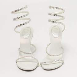 مملوكة مسبقًا René Caovilla Cleo Crystal Embellished Size 37 White Satin Ankle Strap Sandals