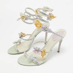 Pre Owned René Caovilla Cleo Size 39 Multicolor Leather and Satin Ankle Strap Sandals