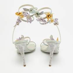 Pre Owned René Caovilla Cleo Size 39 Multicolor Leather and Satin Ankle Strap Sandals