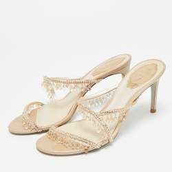 Pre Owned René Caovilla Chandelier Size 39 Beige Satin Slide Sandals