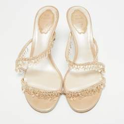 Pre Owned René Caovilla Chandelier Size 39 Beige Satin Slide Sandals