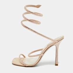 مملوكة مسبقًا René Caovilla Cleo Size 38 Beige Leather and Satin Crystal Embellished Ankle Strap Sandals