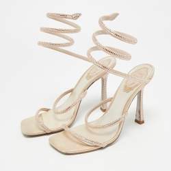 مملوكة مسبقًا René Caovilla Cleo Size 38 Beige Leather and Satin Crystal Embellished Ankle Strap Sandals