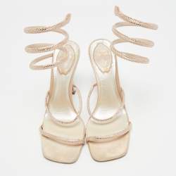 مملوكة مسبقًا René Caovilla Cleo Size 38 Beige Leather and Satin Crystal Embellished Ankle Strap Sandals