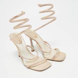مملوكة مسبقًا René Caovilla Cleo Size 38 Beige Leather and Satin Crystal Embellished Ankle Strap Sandals