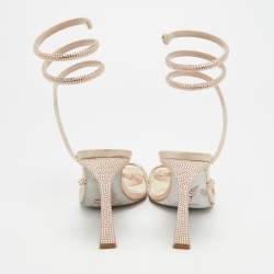 مملوكة مسبقًا René Caovilla Cleo Size 38 Beige Leather and Satin Crystal Embellished Ankle Strap Sandals