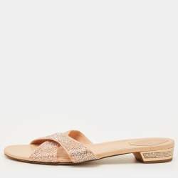 Pre Owned René Caovilla Size 41 Beige Satin Crystal Embellished Flat Sandals