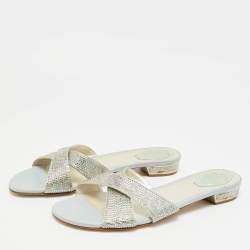 مملوكة مسبقًا René Caovilla Size 41 Gold Crystals and Satin Criss Cross Flat Slides