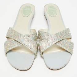 مملوكة مسبقًا René Caovilla Size 41 Gold Crystals and Satin Criss Cross Flat Slides