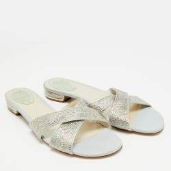 مملوكة مسبقًا René Caovilla Size 41 Gold Crystals and Satin Criss Cross Flat Slides