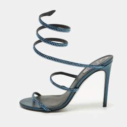 Pre Owned René Caovilla Cleo Size 37.5 Metallic Blue Satin Ankle Wrap Sandals